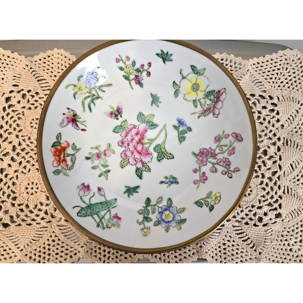 VTG Japanese Porcelain and Pewter Bowl With Decorative Dish Hand Painted Floral